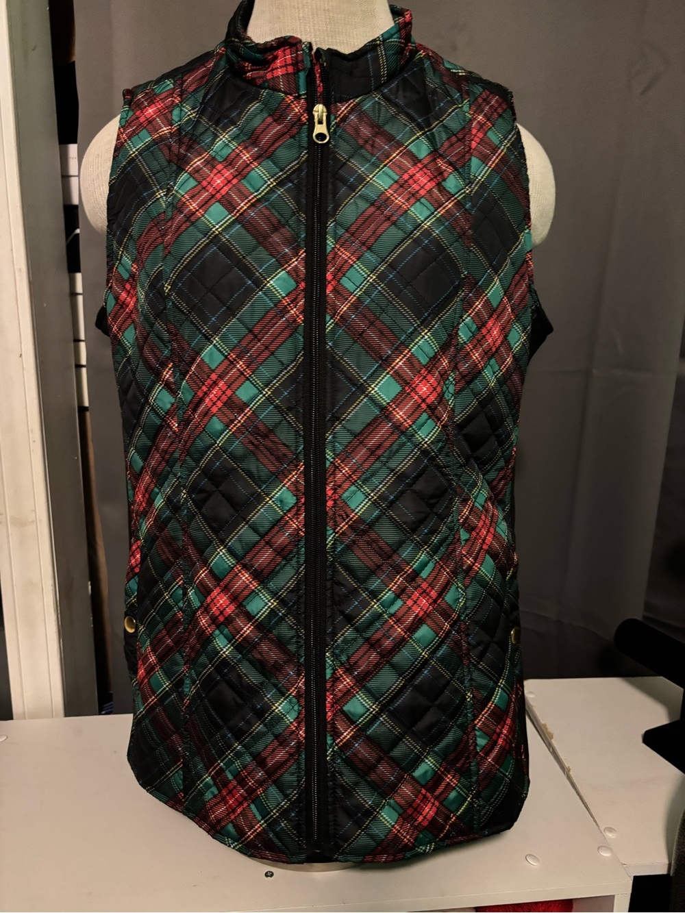Kim Rogers Quilted Plaid Vest in Green and Red